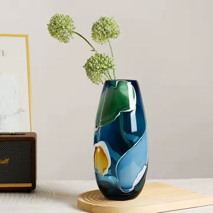 Modern Nordic Blue Flower Glass Vase Handmade