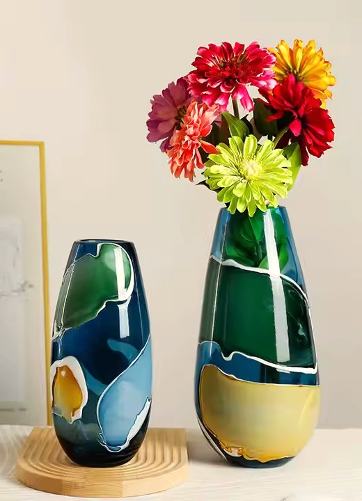 Modern Nordic Blue Flower Glass Vase Handmade