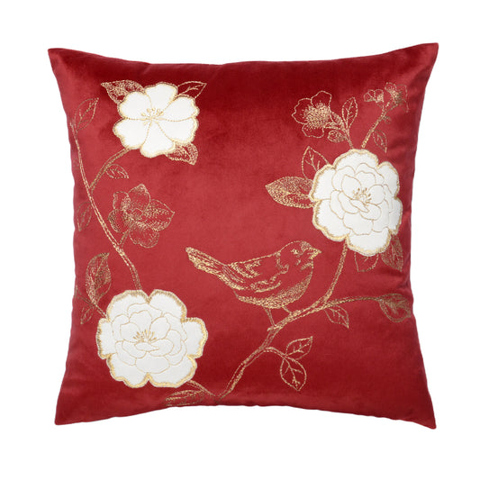 Throw Pillow with Flower and Bird Embroidery