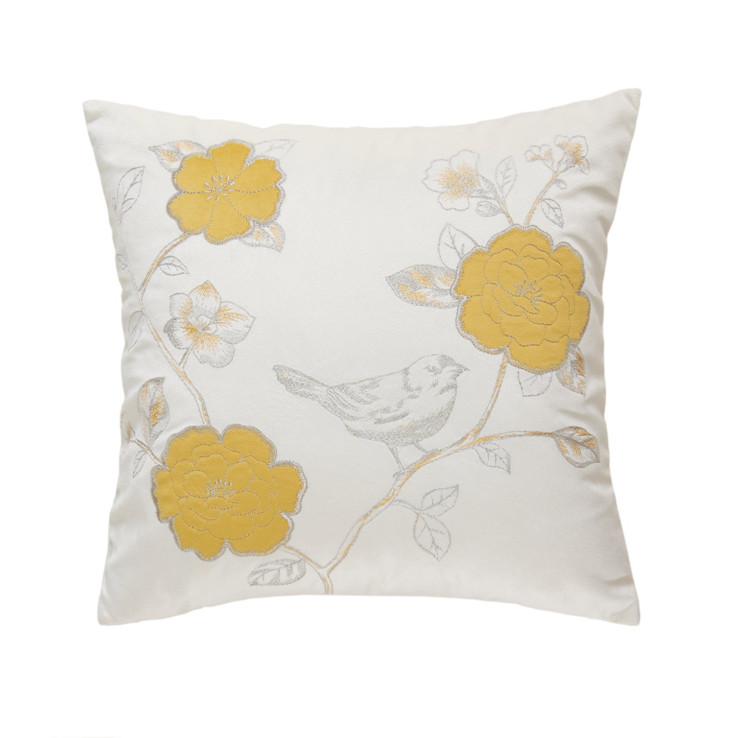 Throw Pillow with Flower and Bird Embroidery