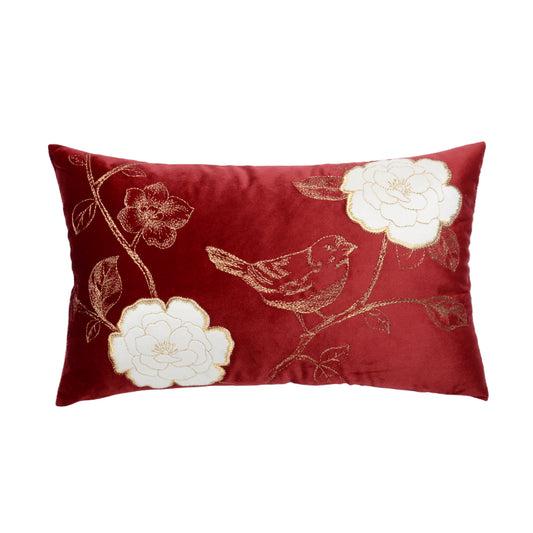 Throw Pillow with Flower and Bird Embroidery