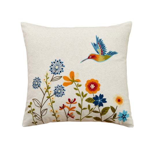 Throw Pillow with Hummingbird Embroidery