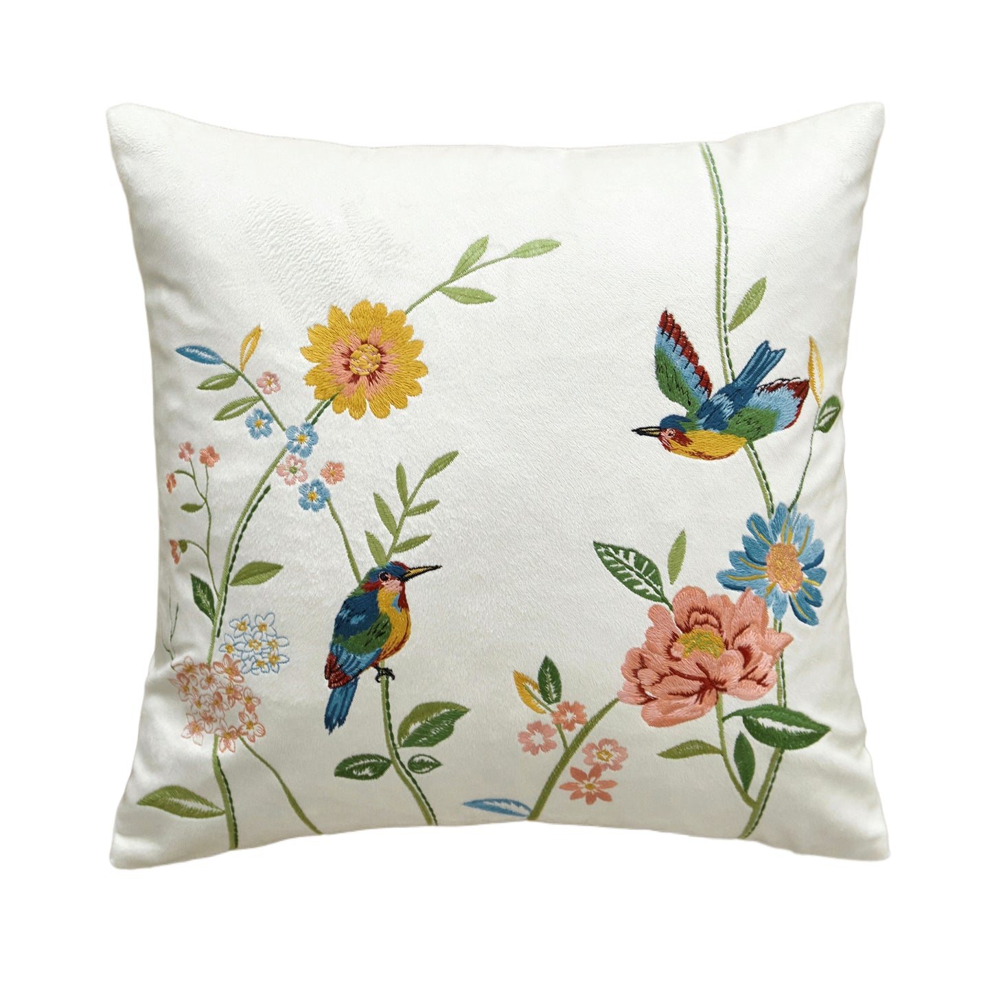 Throw Pillow with Flower and Bird Embroidery