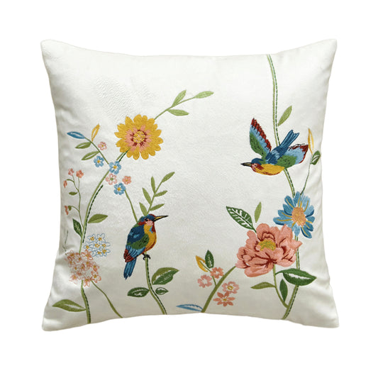 Throw Pillow with Flower and Bird Embroidery