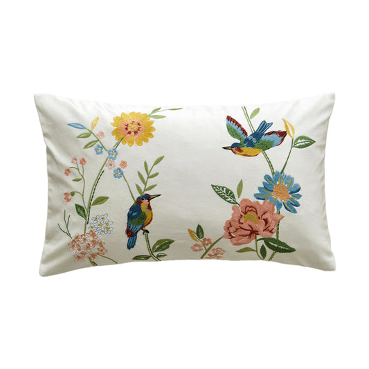 Throw Pillow with Flower and Bird Embroidery