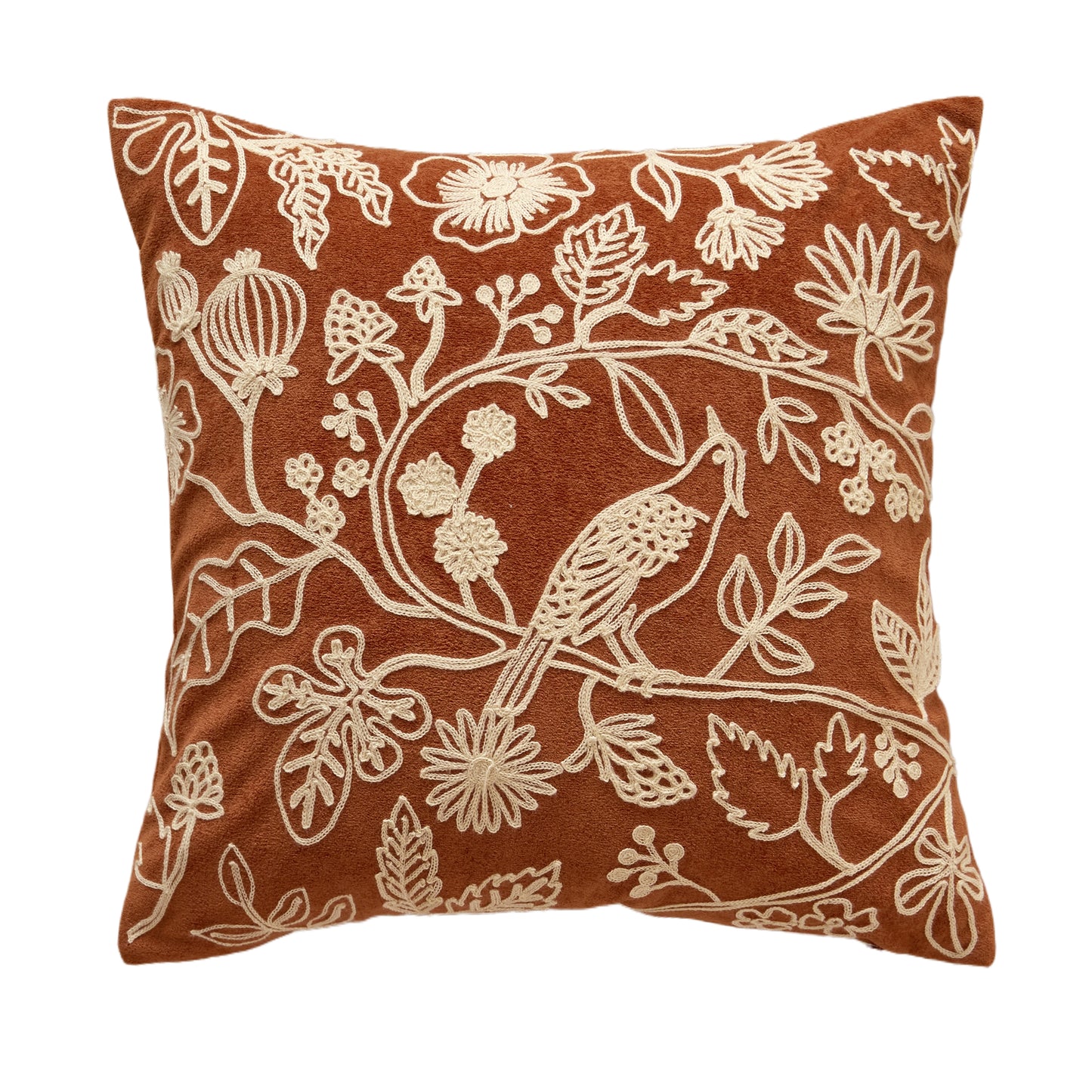 Flower and bird embroidered pillow