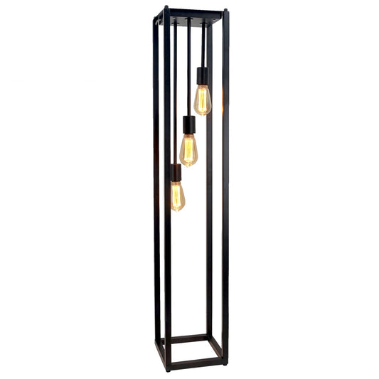 Black Square Frame Floor Lamp – Industrial 3‑Light with ST64 Bulbs